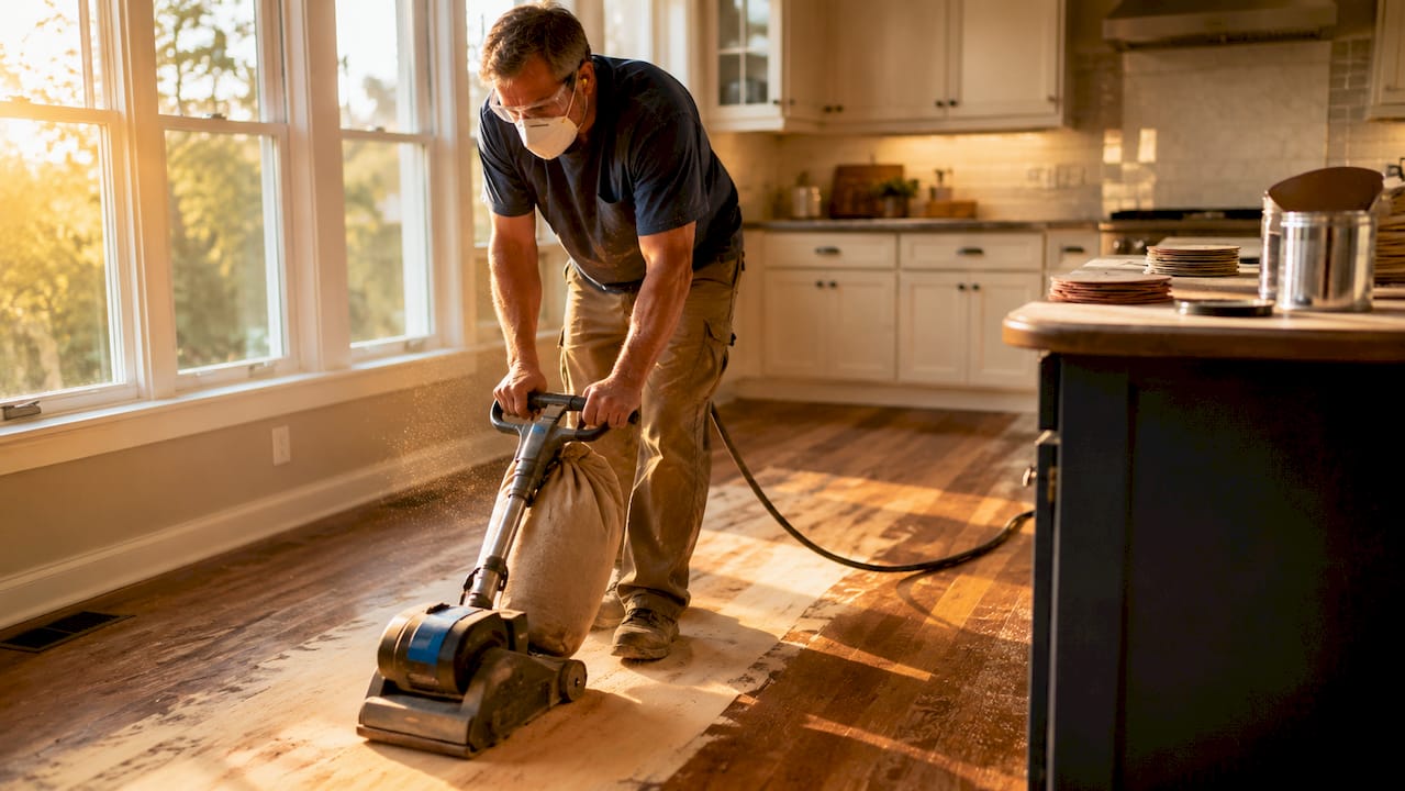Man sanding hardwood floor in home