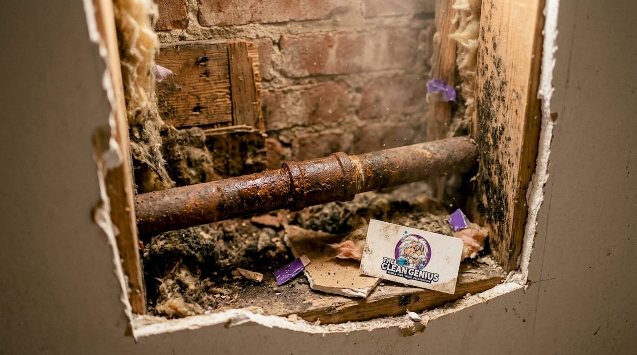 Close-up of leaking pipe causing mold damage