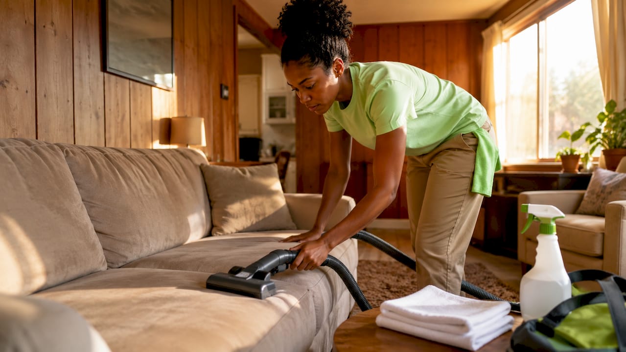 Woman vacuuming upholstered couch for maintenance