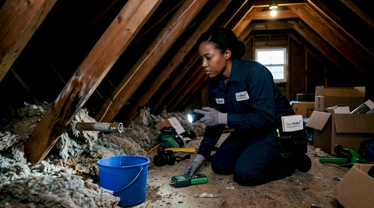 Technician inspecting mold damage near burst pipe