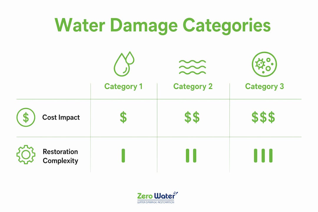 Infographic ranking water damage categories by cost and complexity