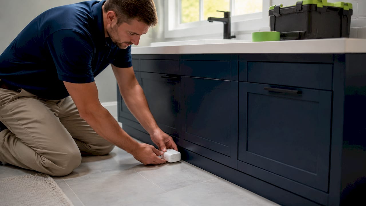 Hands installing smart water leak detector sensor