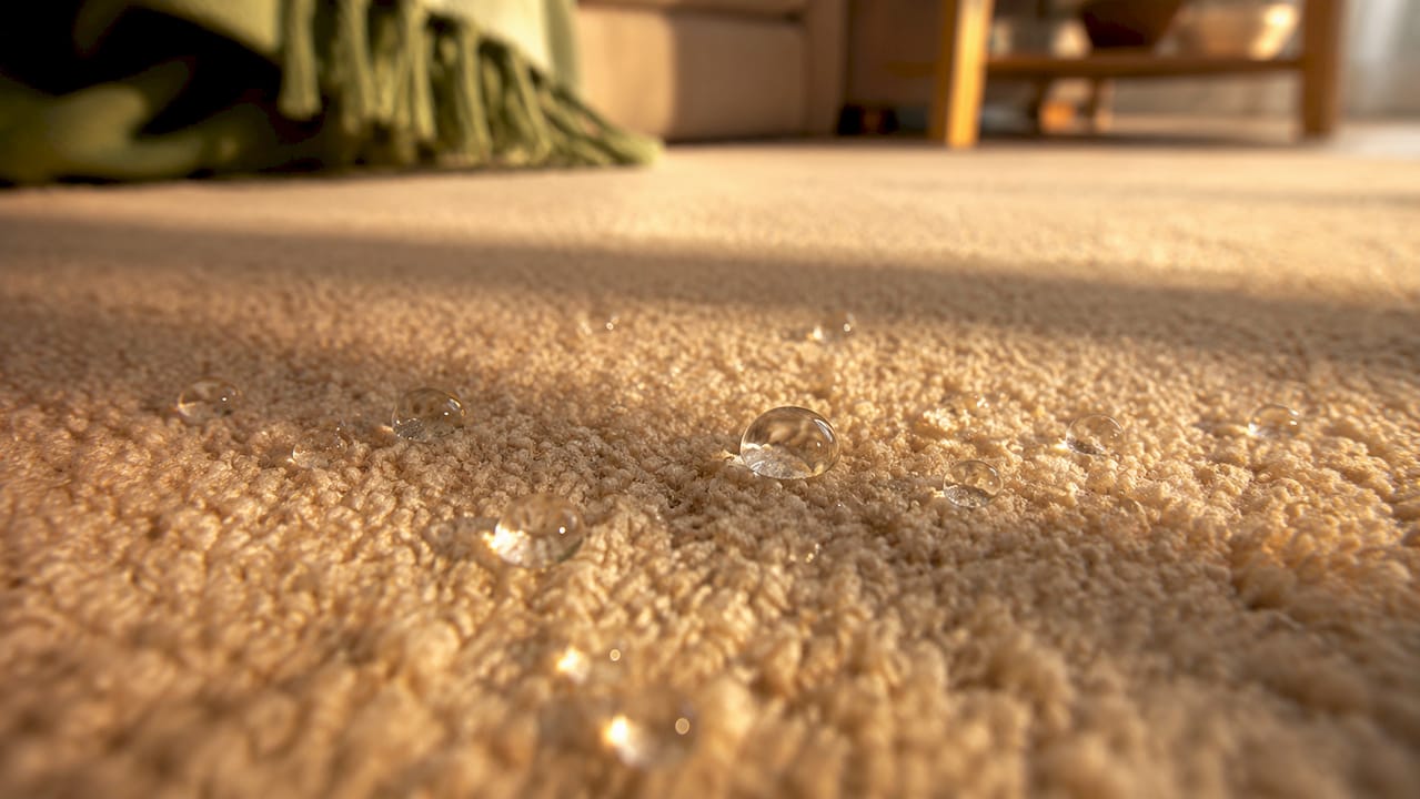 Close-up of carpet fibers repelling liquid droplets