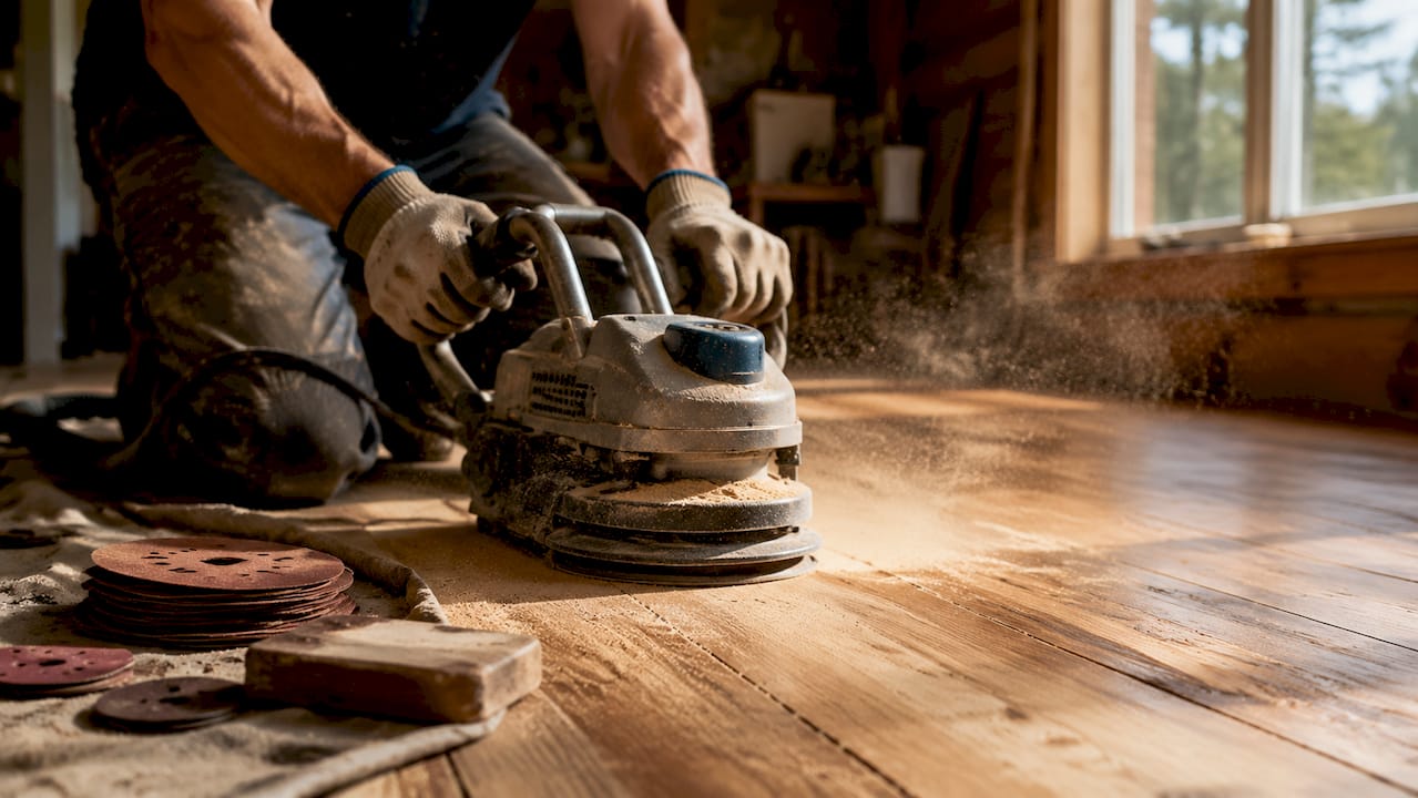 Hands operating floor sander on worn hardwood floor