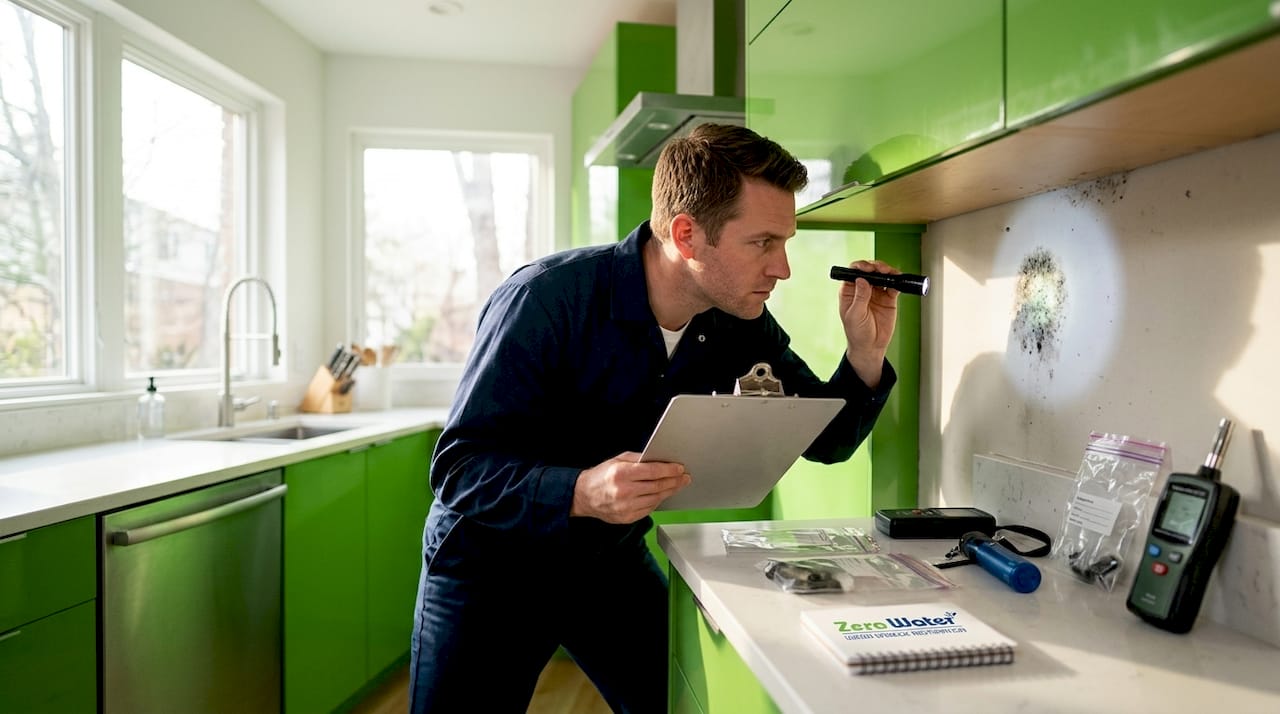 Mold inspector examining basement mold spot