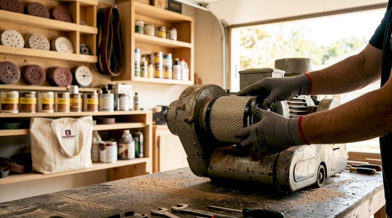 Close-up hands attaching dust filter to sander