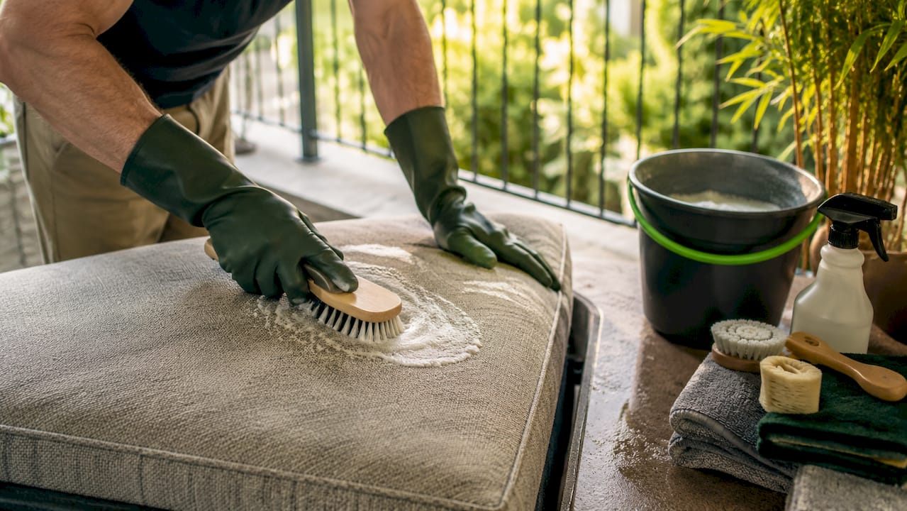 Gloved hands agitating upholstery fabric