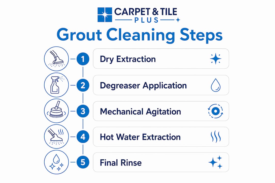 Infographic showing five steps of grout cleaning process