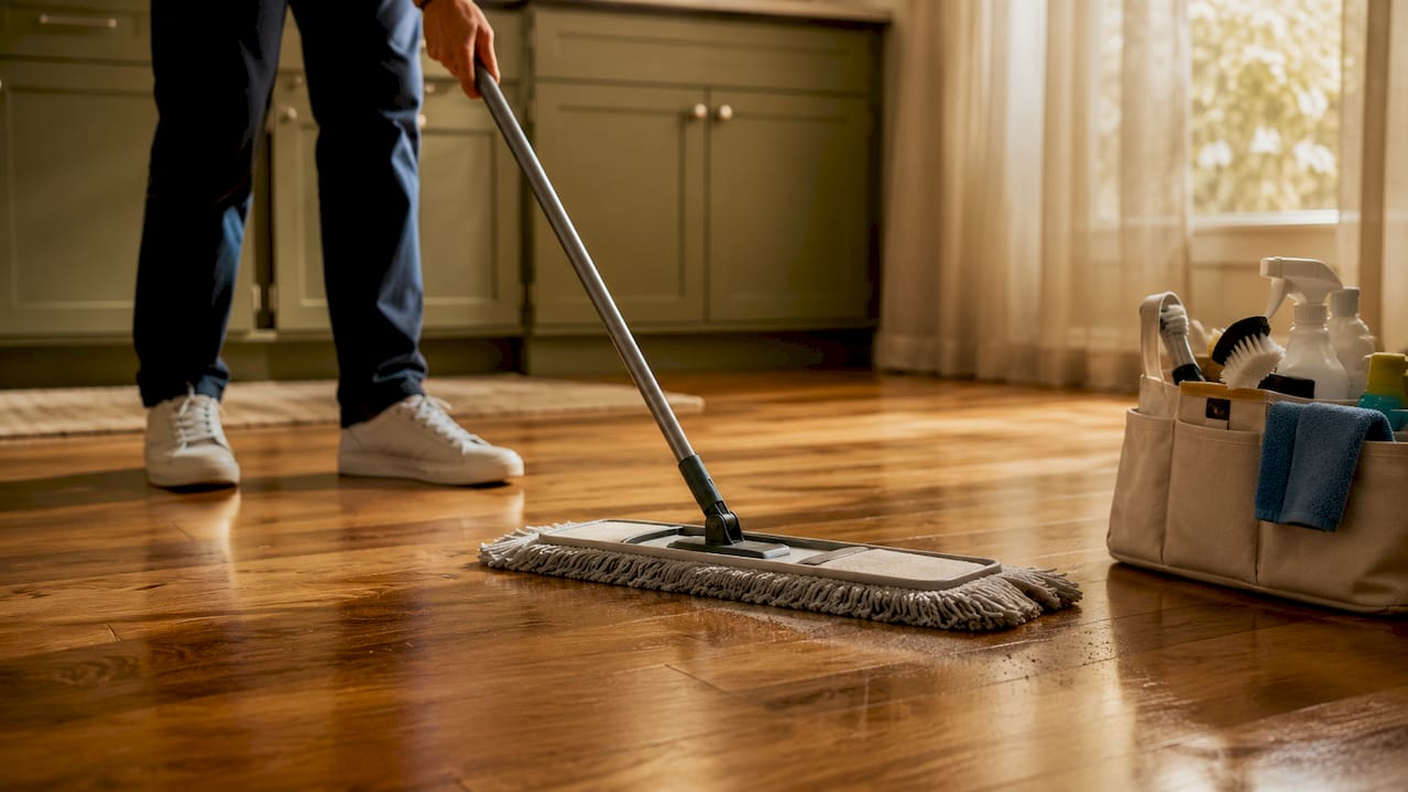 Close-up hands dust mopping hardwood floor
