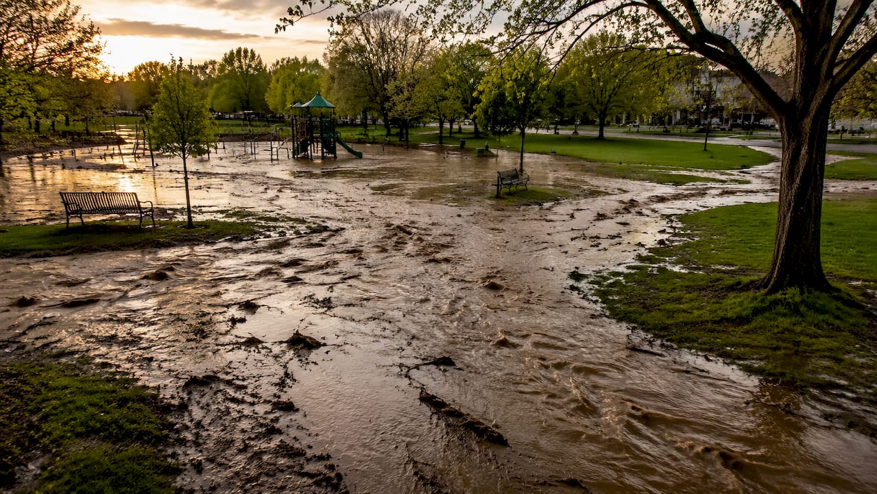 Flood water flowing with mud and debris