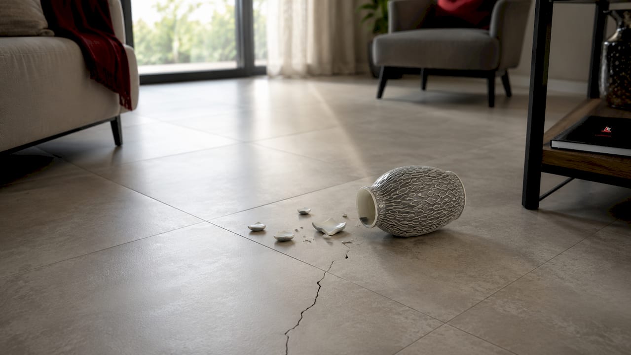 Cracked porcelain tile floor near dropped pot