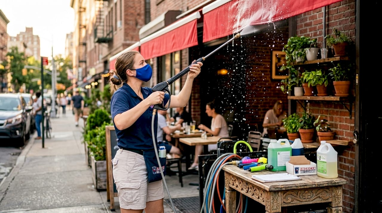 Technician soft washing retail storefront awning