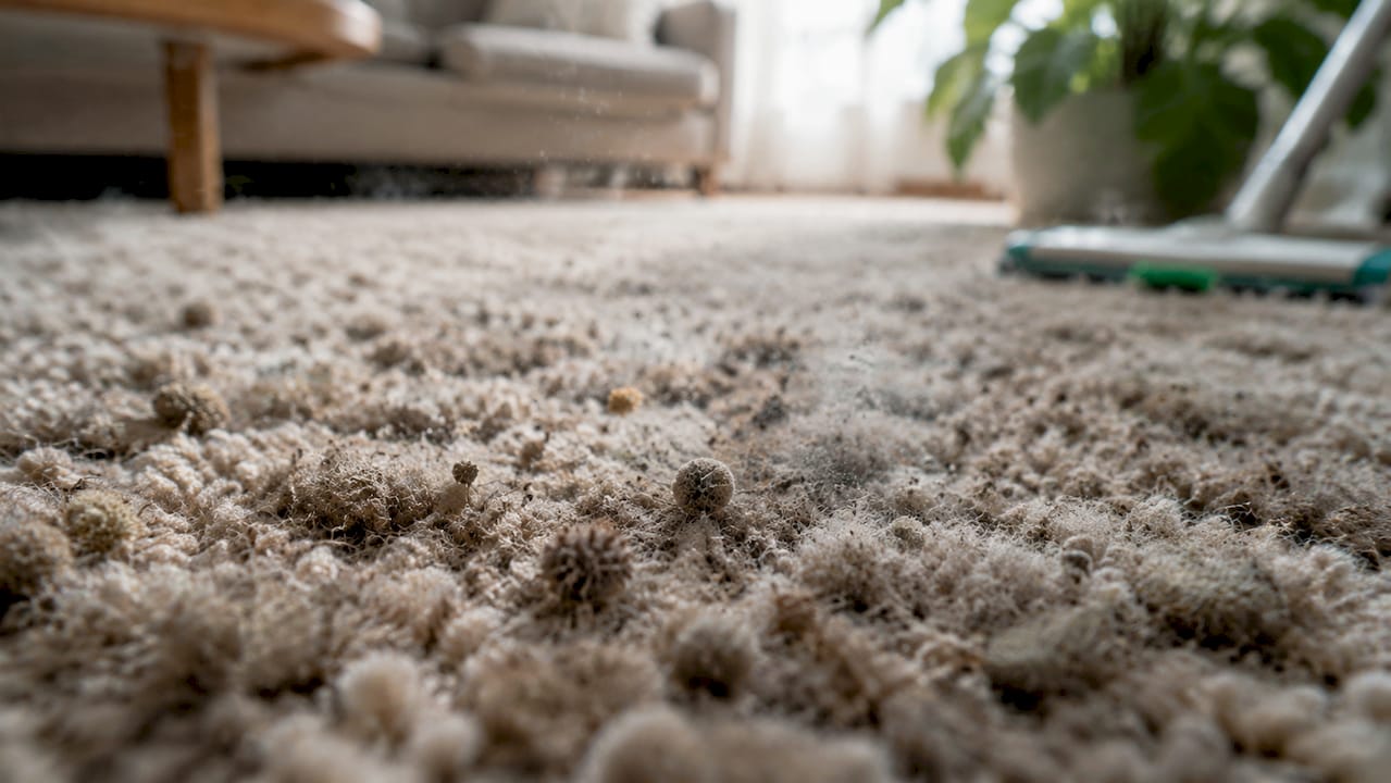 Close-up of carpet fibers trapping allergens