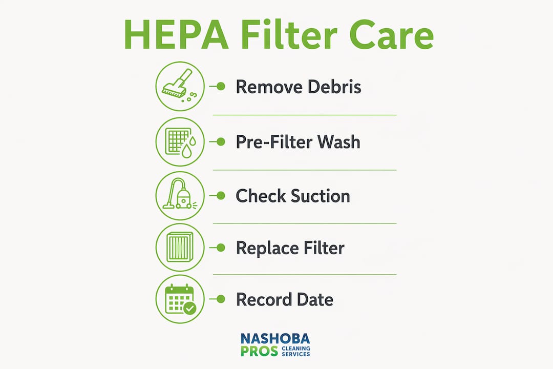 Infographic illustrating steps to maintain HEPA filters