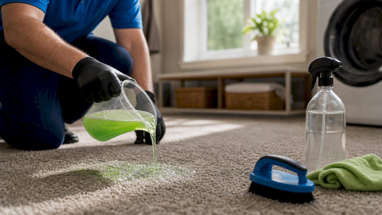 Hands pouring enzymatic cleaner on carpet section