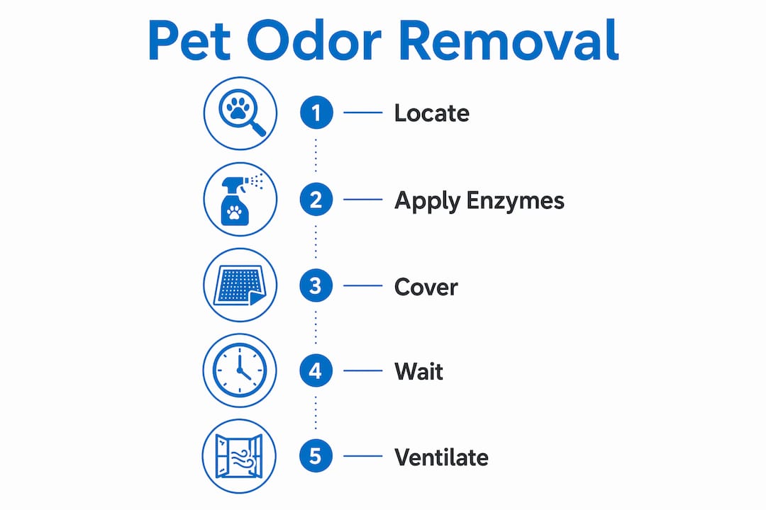Infographic showing 5 steps of pet odor removal process