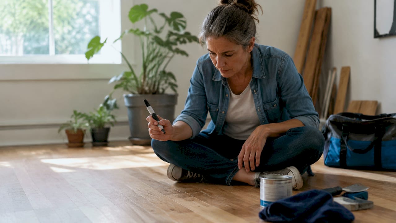 Woman repairing hardwood floor scratch