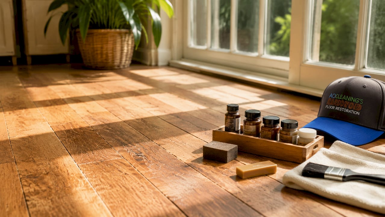 Close-up of light scratch repair tools on hardwood floor