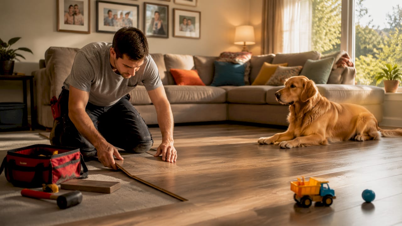 Hands installing luxury vinyl plank flooring in kitchen