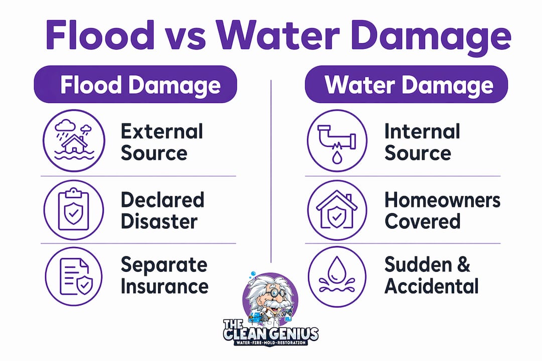 Infographic comparing flood damage versus water damage