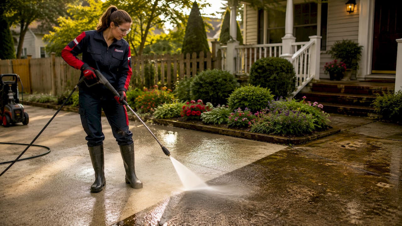 Woman cleaning concrete driveway with pressure washer