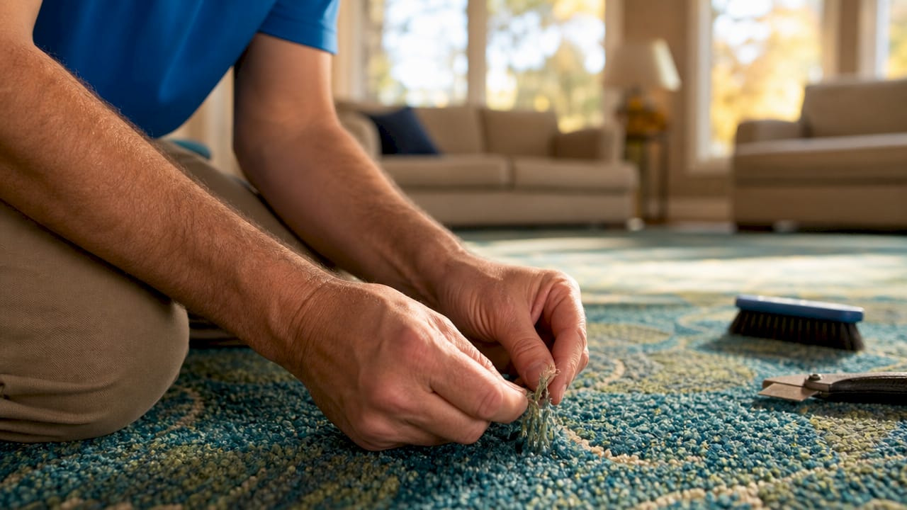 Hands doing tuft pull test on office carpet