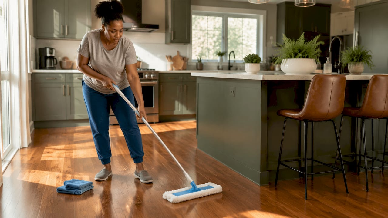 Woman dry dust mopping luxury hardwood floor