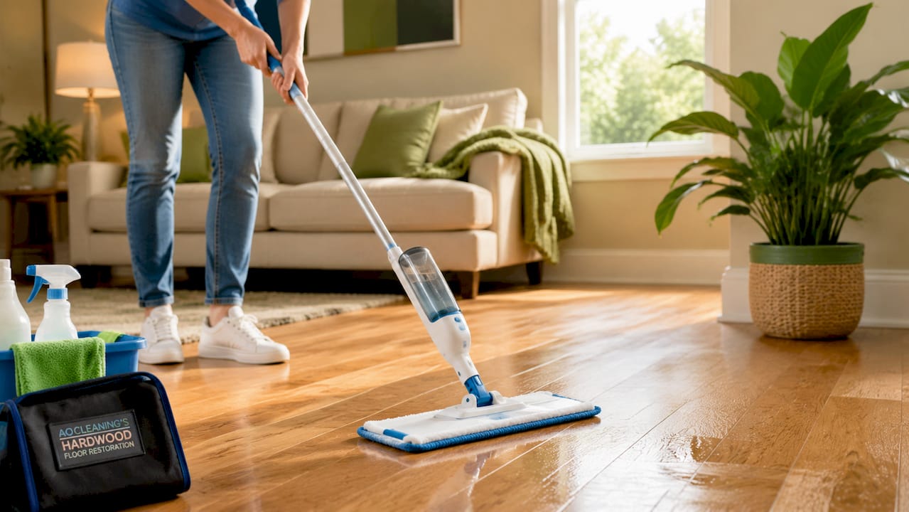Hands using spray mop on hardwood floor