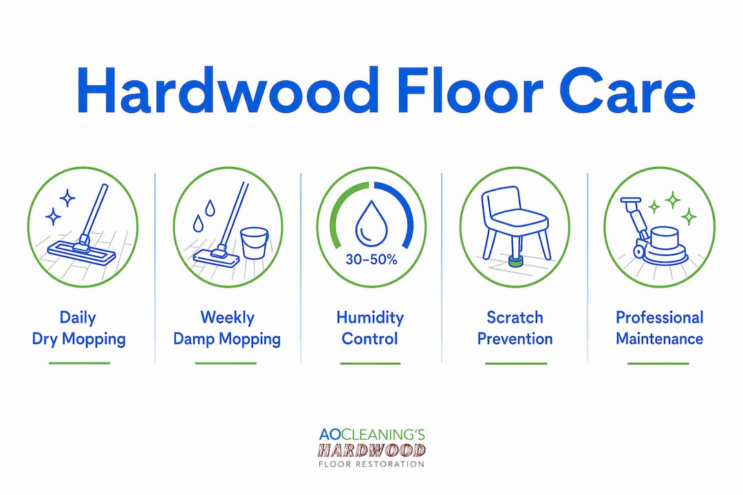 Infographic illustrating hardwood floor care steps