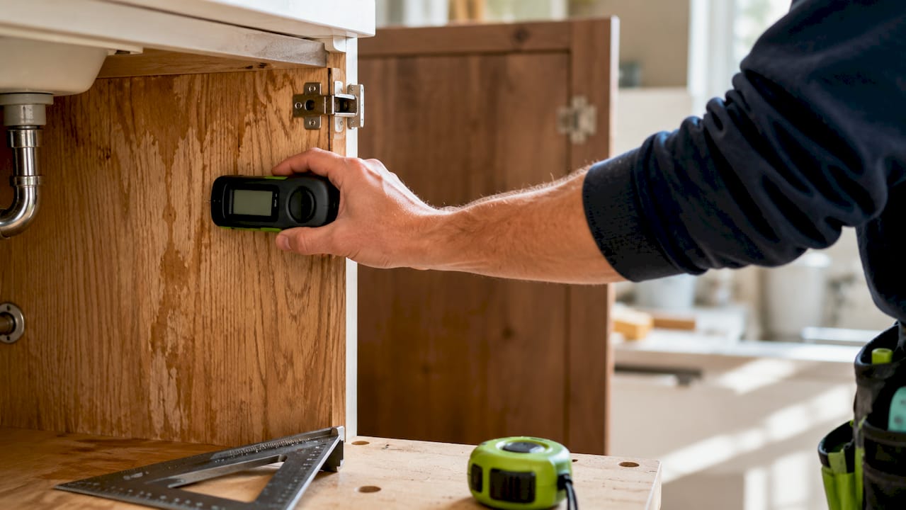 Close-up of moisture meter measuring cabinet wood