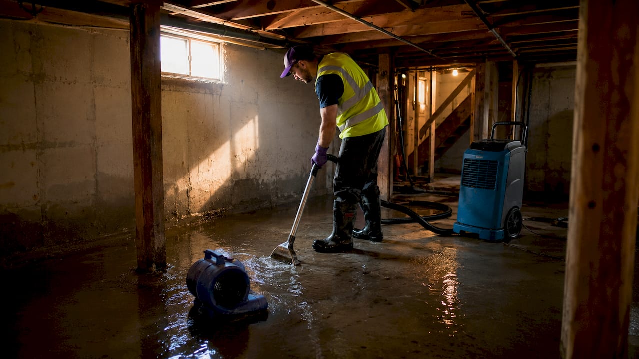 Operator using wet vacuum for water extraction