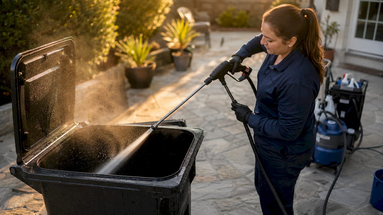 Technician high-pressure washing garbage bin