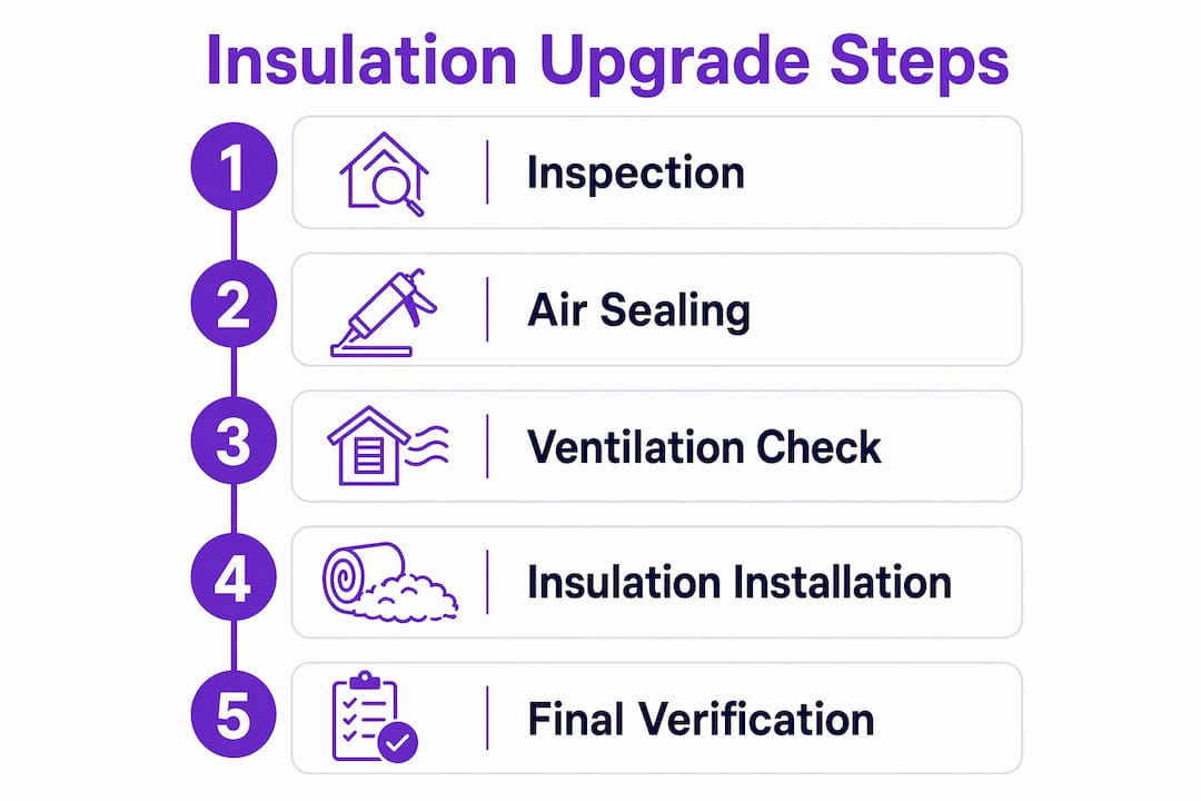 Infographic illustrating attic insulation upgrade process steps
