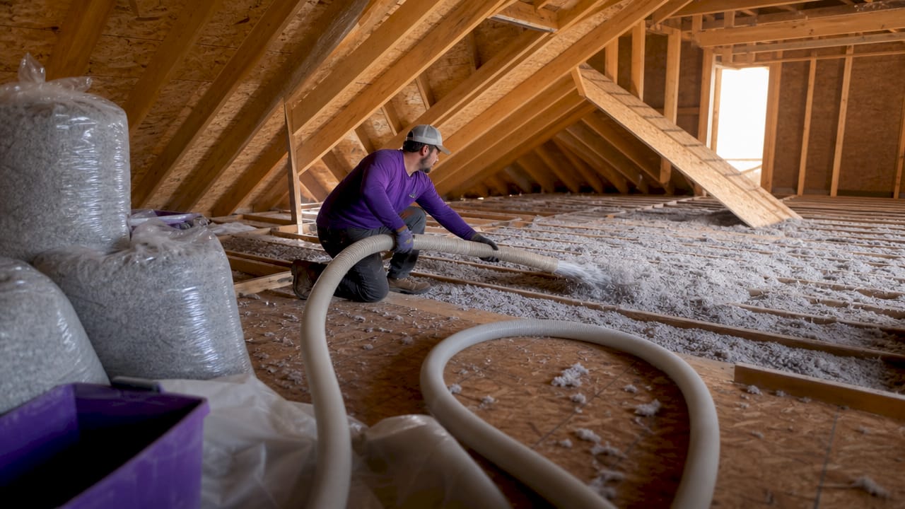 Contractor installing blown-in cellulose insulation in attic