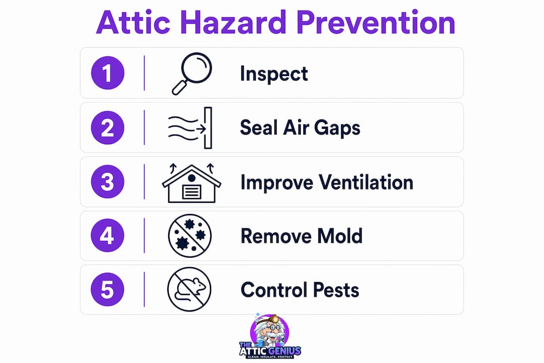 Infographic showing attic hazard prevention steps