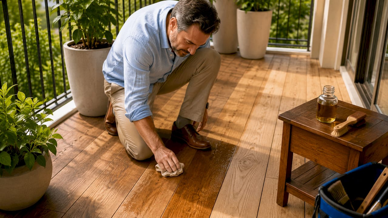 Man conditioning oak hardwood floor in living room