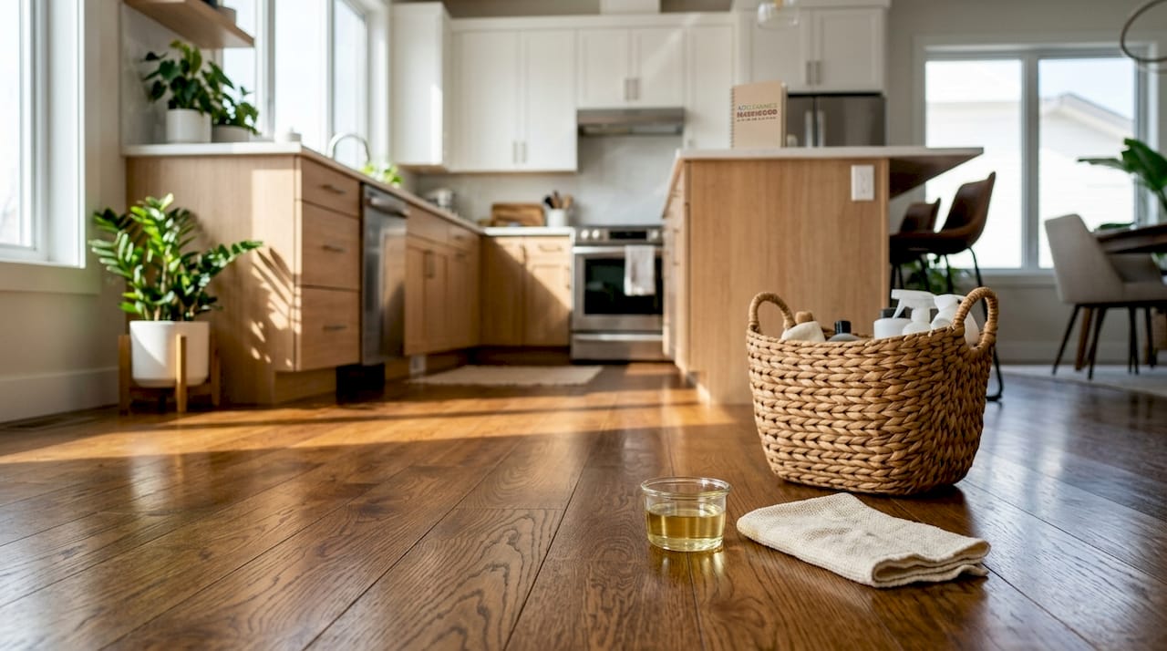 Close-up of penetrating oil finish hardwood floor with oil and cloth