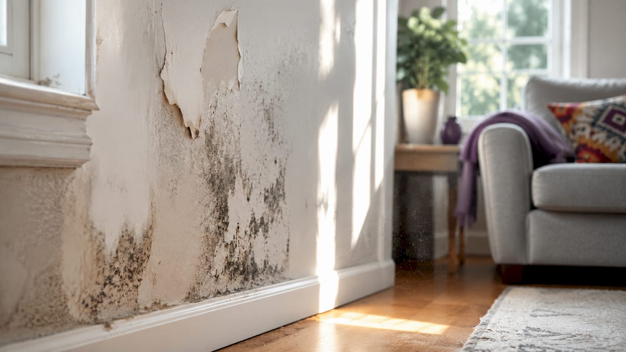 Damaged wall with peeling paint and mold