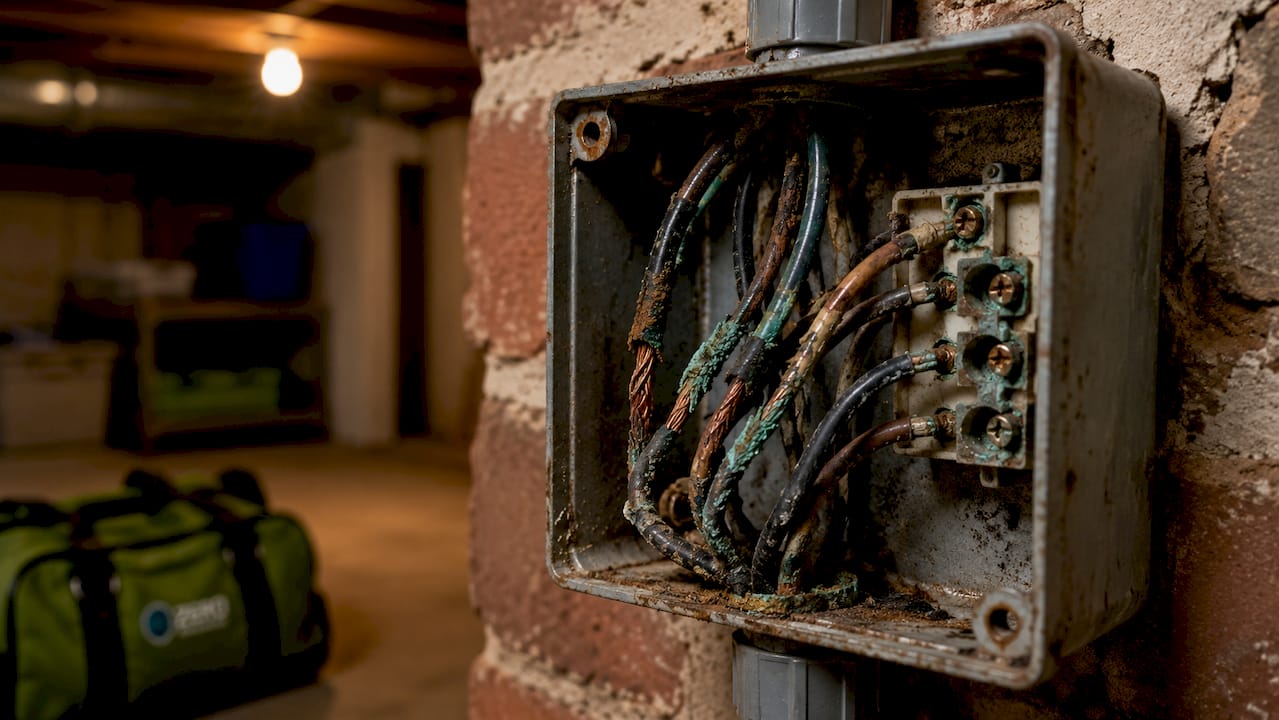 Close-up of corroded copper electrical wires after water damage