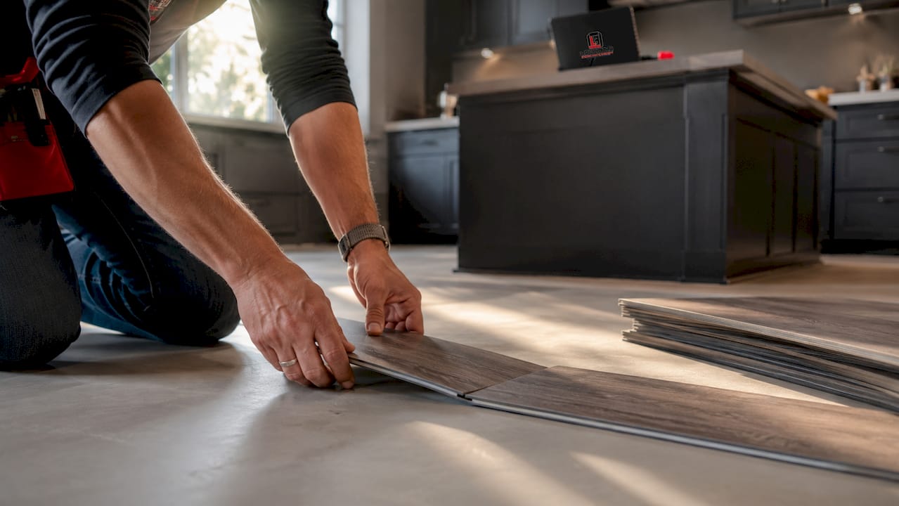 Close-up hands installing luxury vinyl plank flooring