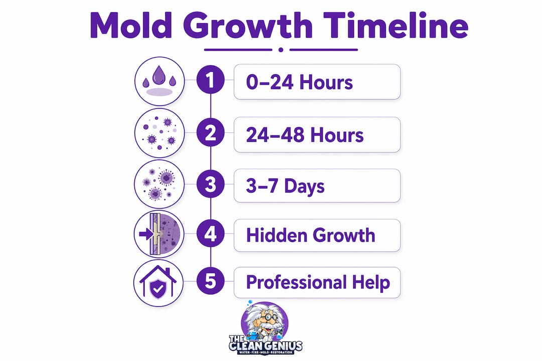 Infographic illustrating mold growth stages post-flooding
