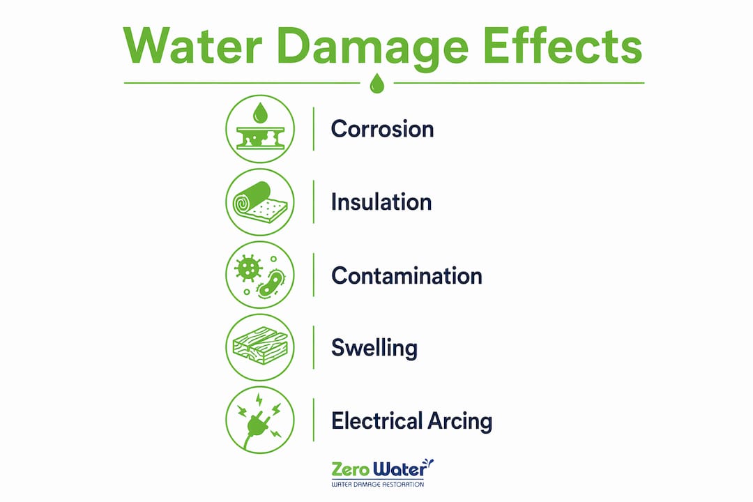 Infographic showing stages of water damage effects on electrical systems