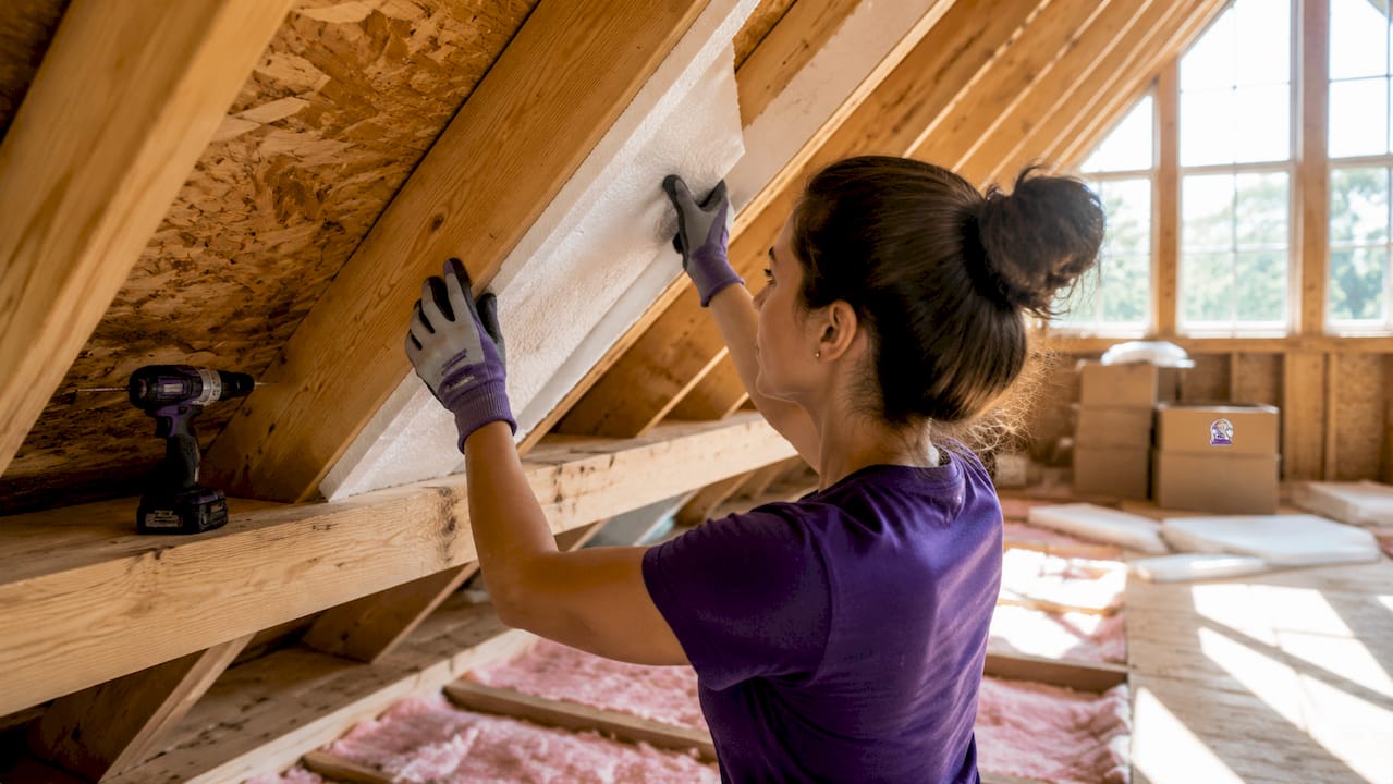 Hands fitting foam rafter baffle in attic rafters