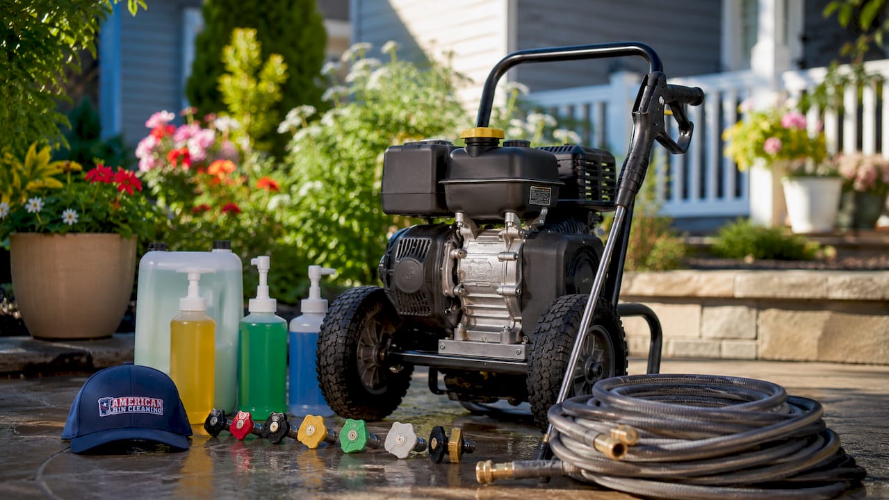 Pressure washer equipment and nozzles arrangement outdoors