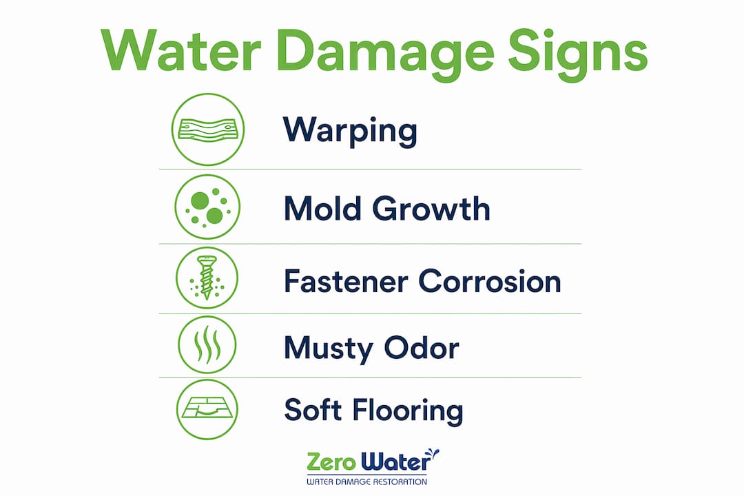 Infographic showing key signs of water damage in wood framing