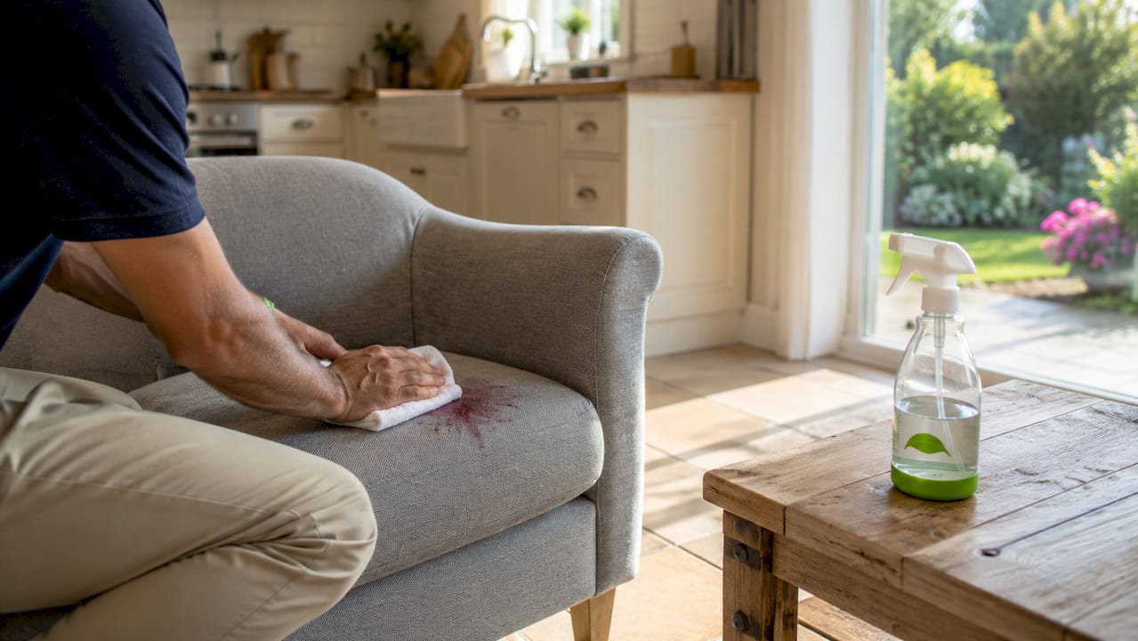 Hands blotting wine stain on upholstery