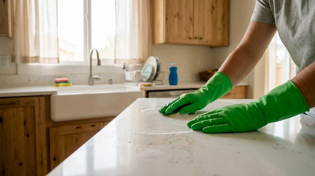 Hands cleaning kitchen countertop in apartment