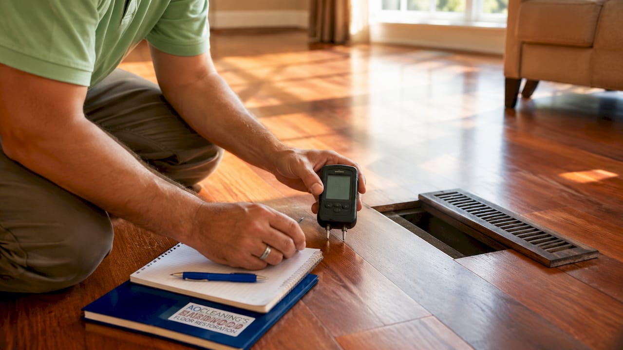 Hands setting up hardwood floor inspection tools