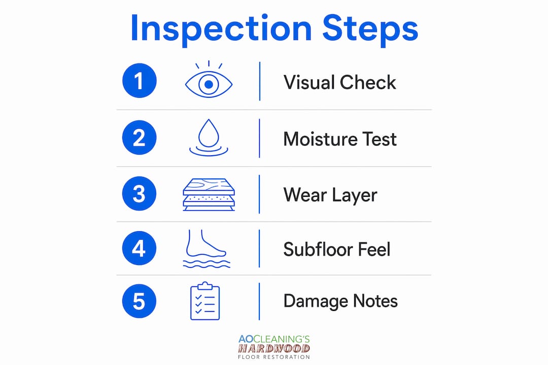 Infographic illustrating hardwood floor inspection steps