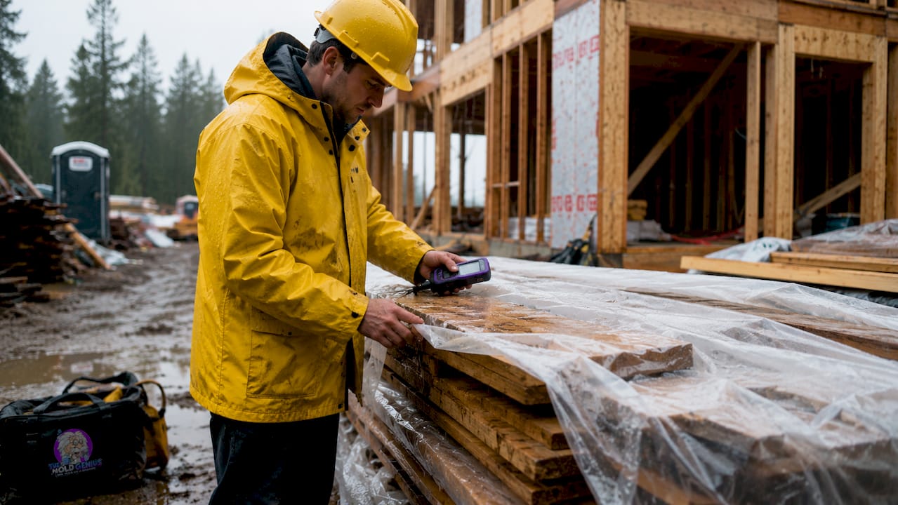 Wet lumber and materials at house construction site